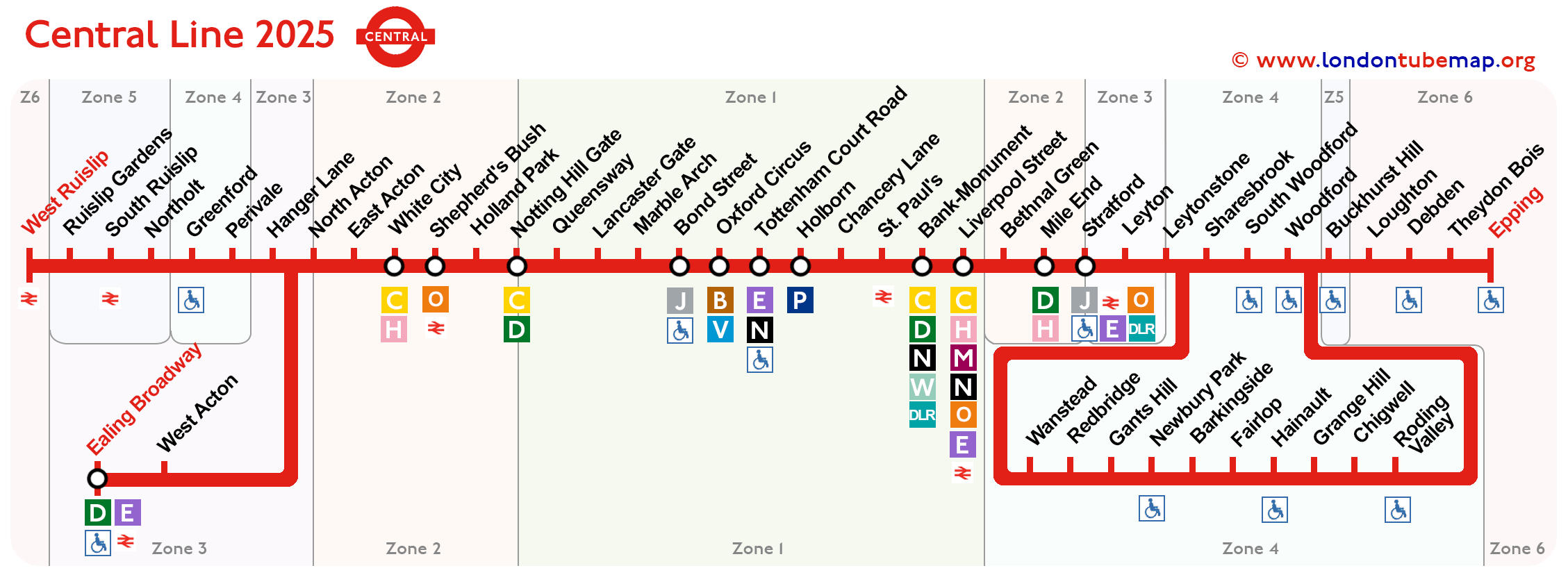 Map of the Central Line (red tube). Updated 2024.