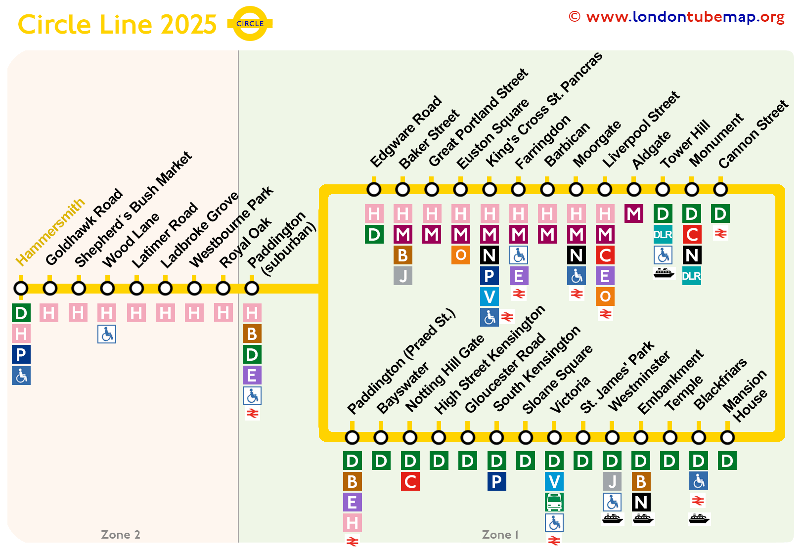 Map of the Circle Line (yellow line). Updated 2024.