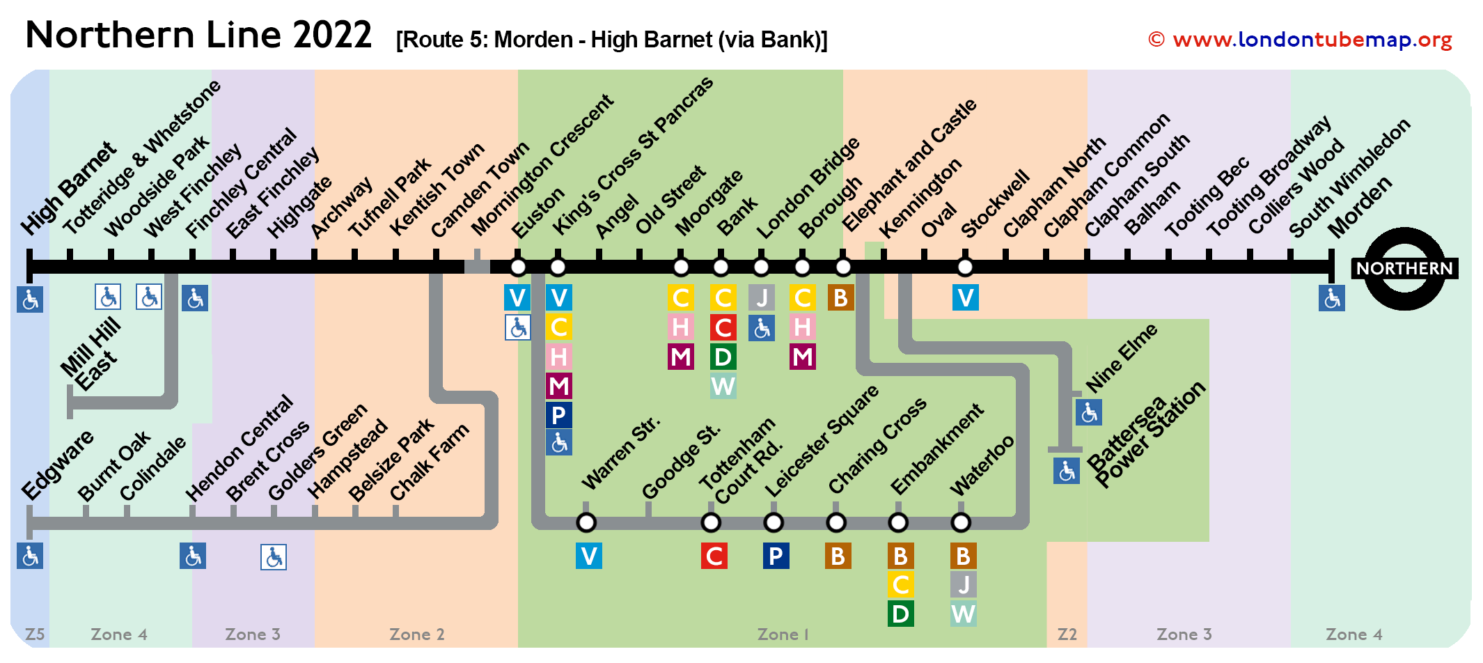 Northern line map 2022 Route-5 Morden High Barnet via Bank