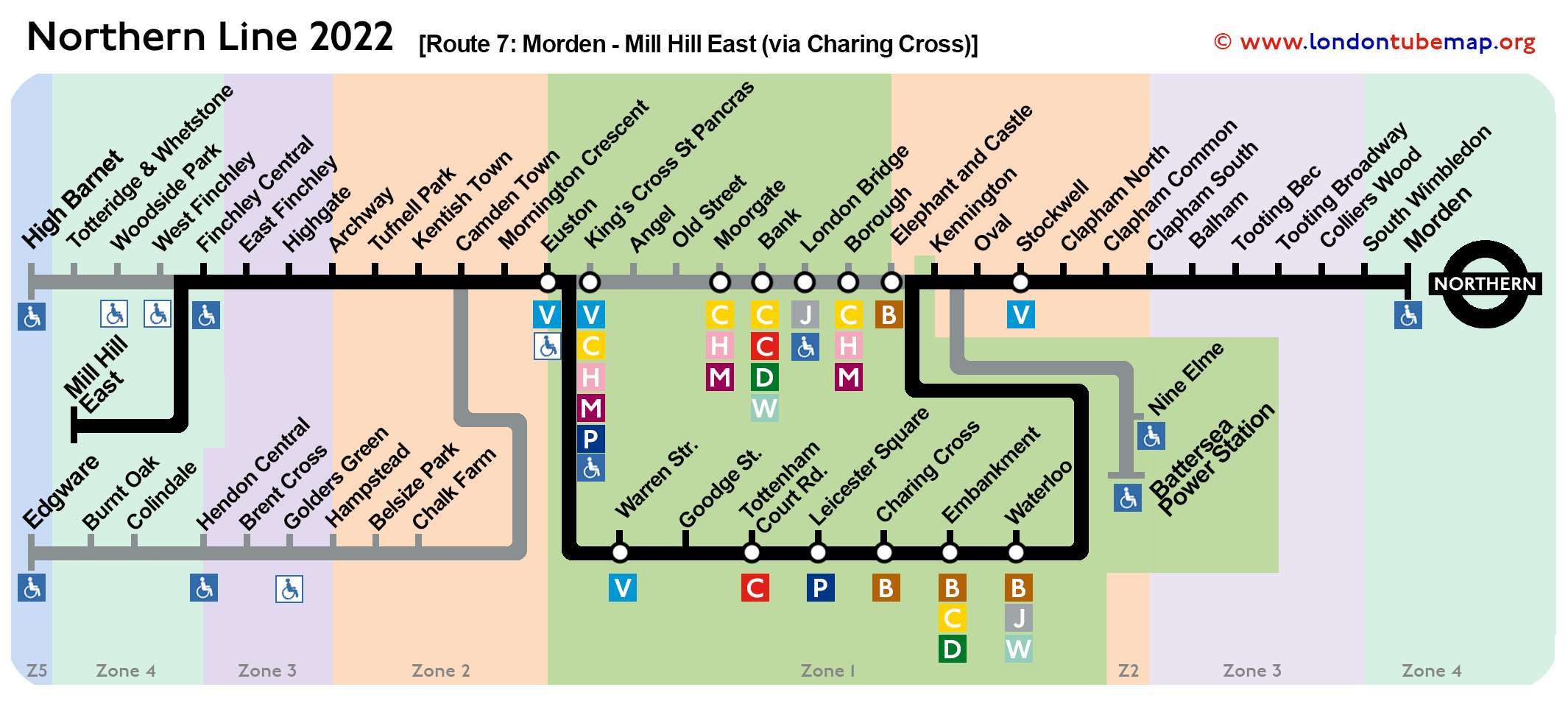 Northern line map 2022 Route-7 Morden Mill Hill East via Charing Cross