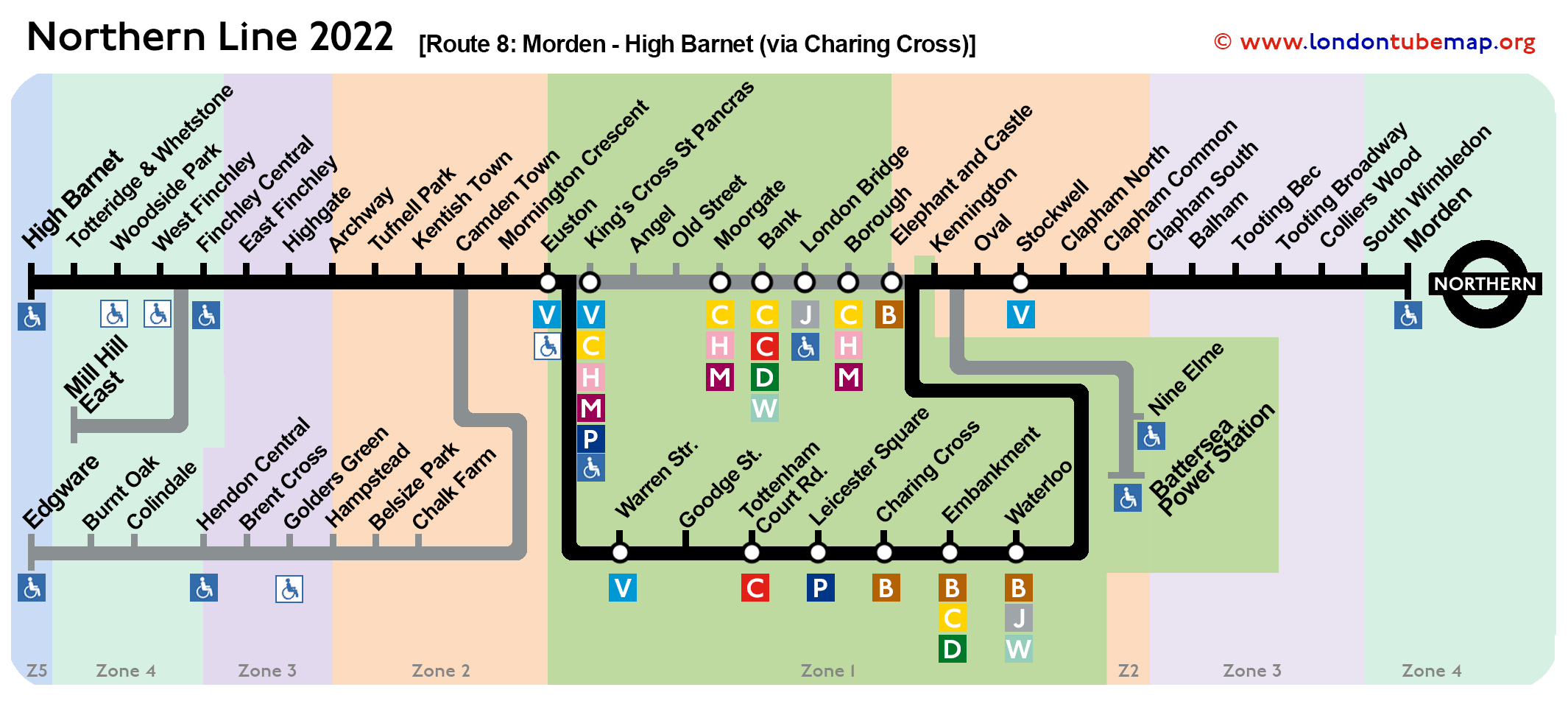 Northern line map 2022 Route-8 Morden High Barnet via Charing Cross